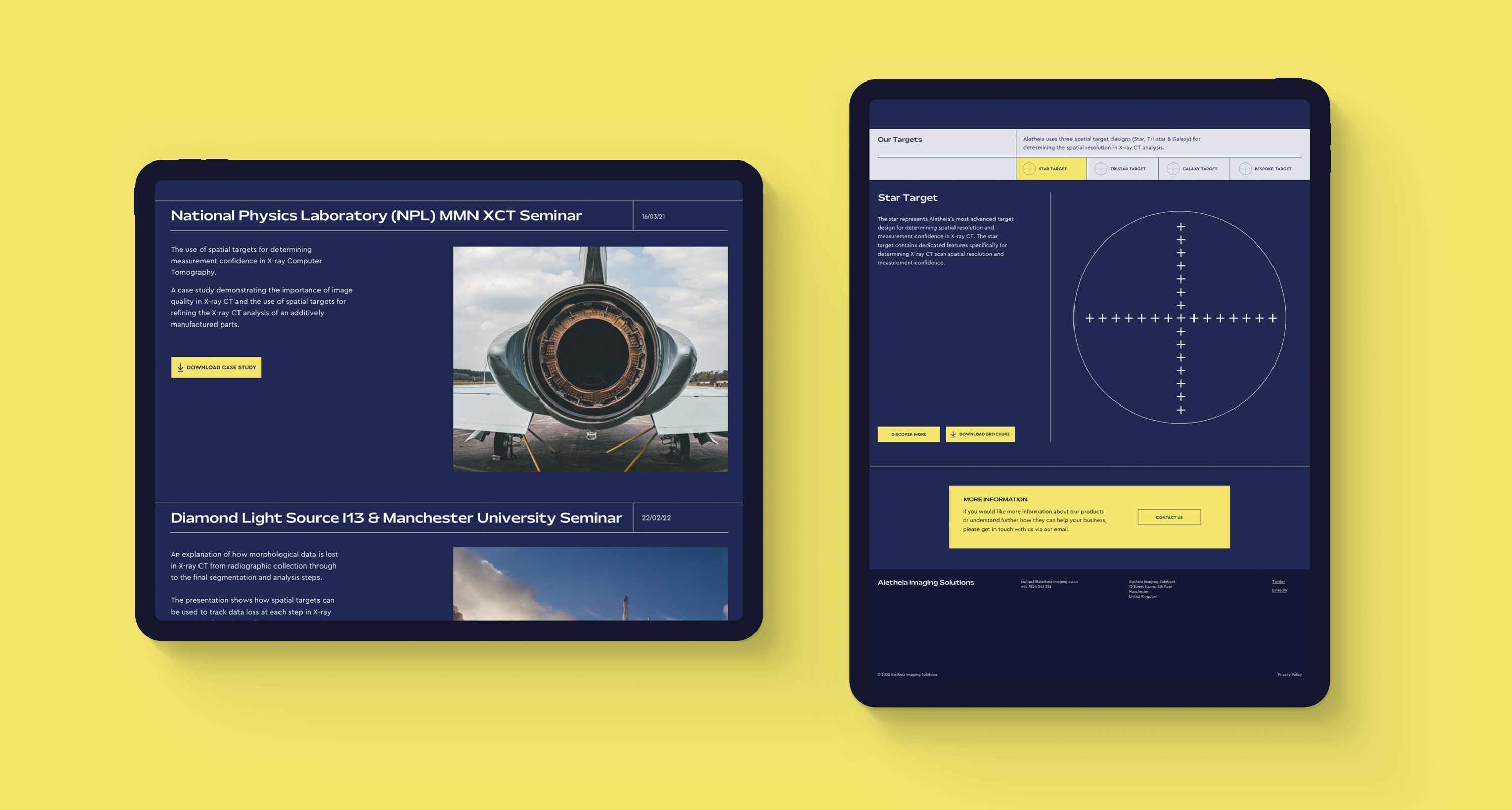 To tablets sits side-by-side on a yellow background. The tablet on the left hand side is in landscape for a landing page advertising a “National Physics Laboratory (NPL) MMN XCT Seminar” and a “Diamond Light Source 113 & Manchester University seminar” The tablet on the right hand side is in portrait mode and is explaining a Star Target and has a circle on it with a cross made of smaller crosses inside it.