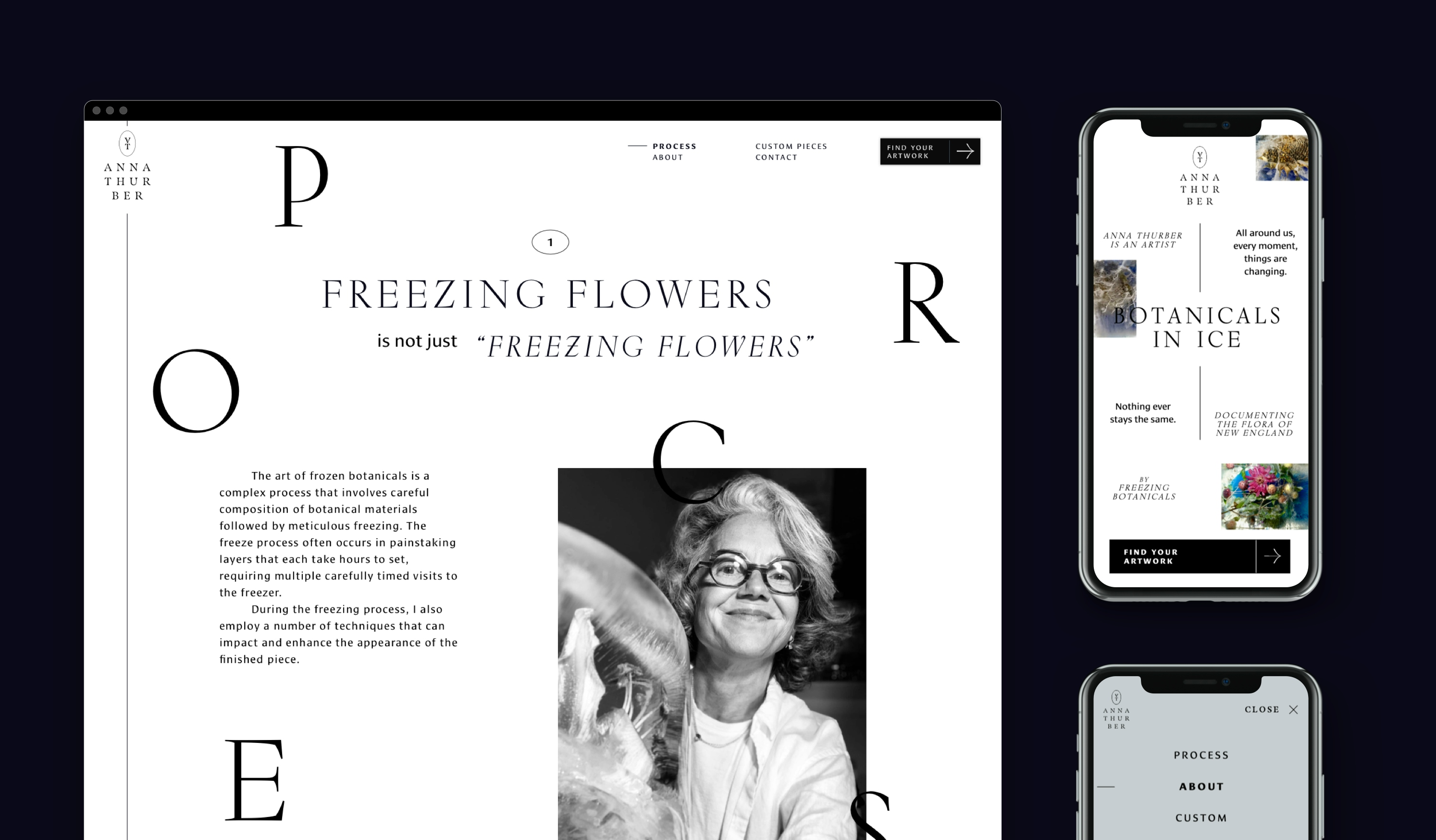 A screenshot of a webpage is on the left hand side of the image with a picture of Anna Thurber and a quote “Freezing Flowers is not just freezing flowers”. There are also some paragraphs. There is a mobile phone featuring the “Botanicals in Ice” page and the top of another phone sits underneath.