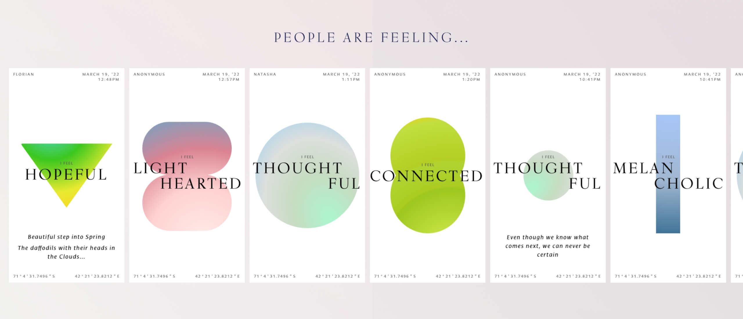 The top of the page says “People are feeling…” and six columns each feature a coloures shape and a word: “hopeful” “light hearted” ”thoughtful”, “connected’, ”thoughtful”, and “melancholic”