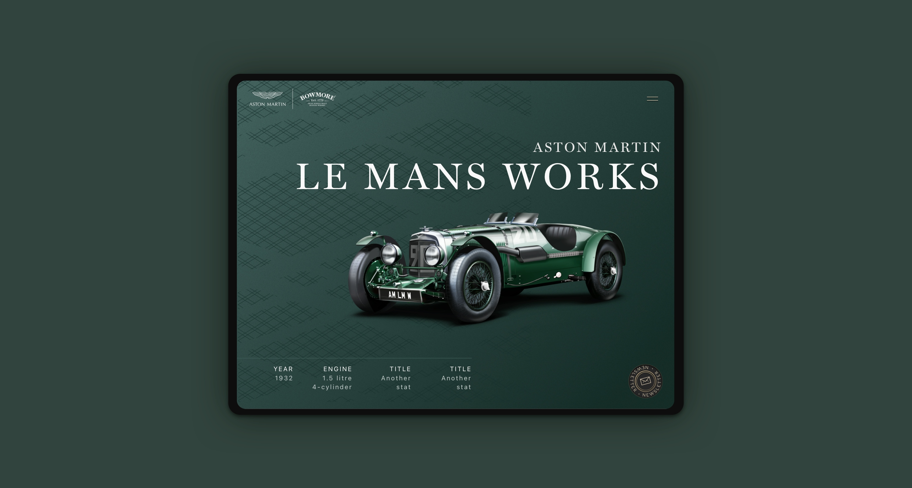 "Aston Martin Le mans work" classic 1932 model of car is shown to display digital image created by More Yum