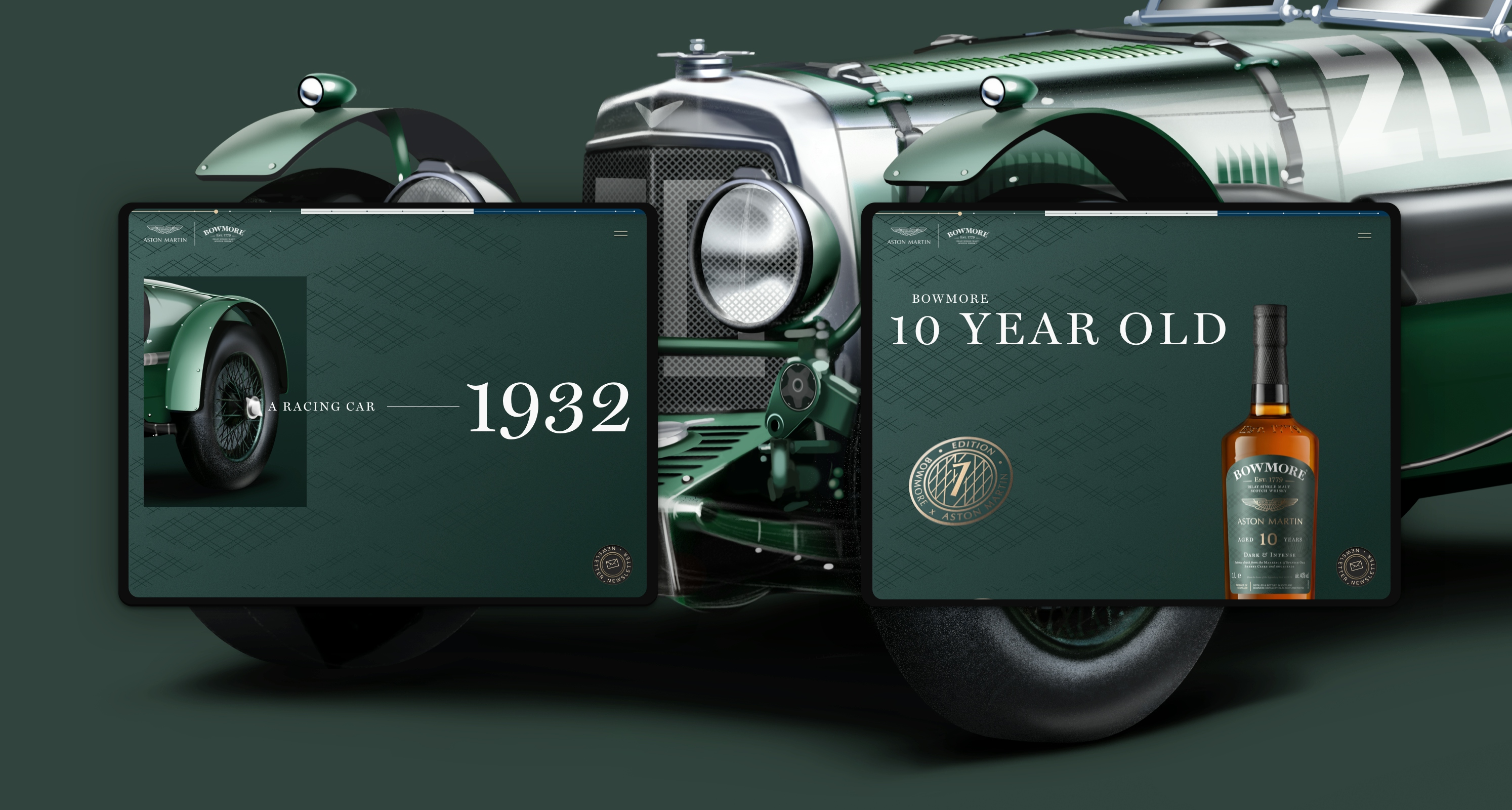 Two digital images are superimposed on a 1932 Aston Martin Le mans work" classic 1932 model car. The first superimposed image is racing green and features the text “1932: a racing car” which is superimposed onto the back wheel of the same model of car. The second superimposed image is cut but features the text “Bowmore: 10 year old”. This image is to showcase the Bowmore Aston Martin 10 year old whisky bottle