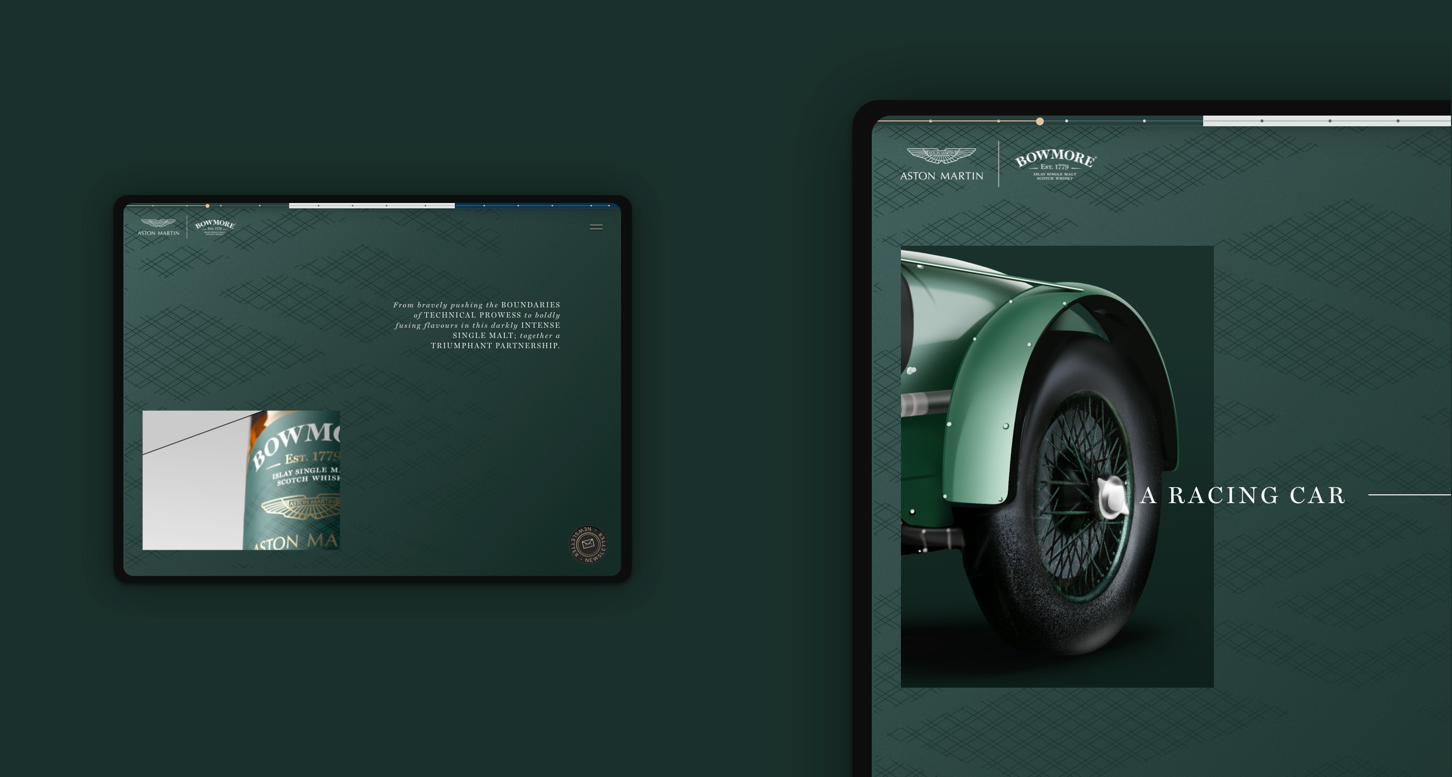 A racing green coloured background featured two mobile screens in landscape view. The two images are racing green. In the first image there is a Bowmore Aston Martin 15 year old whisky bottle label in the second image, there is an Aston Martin Le mans work" classic 1932 model car tyre.