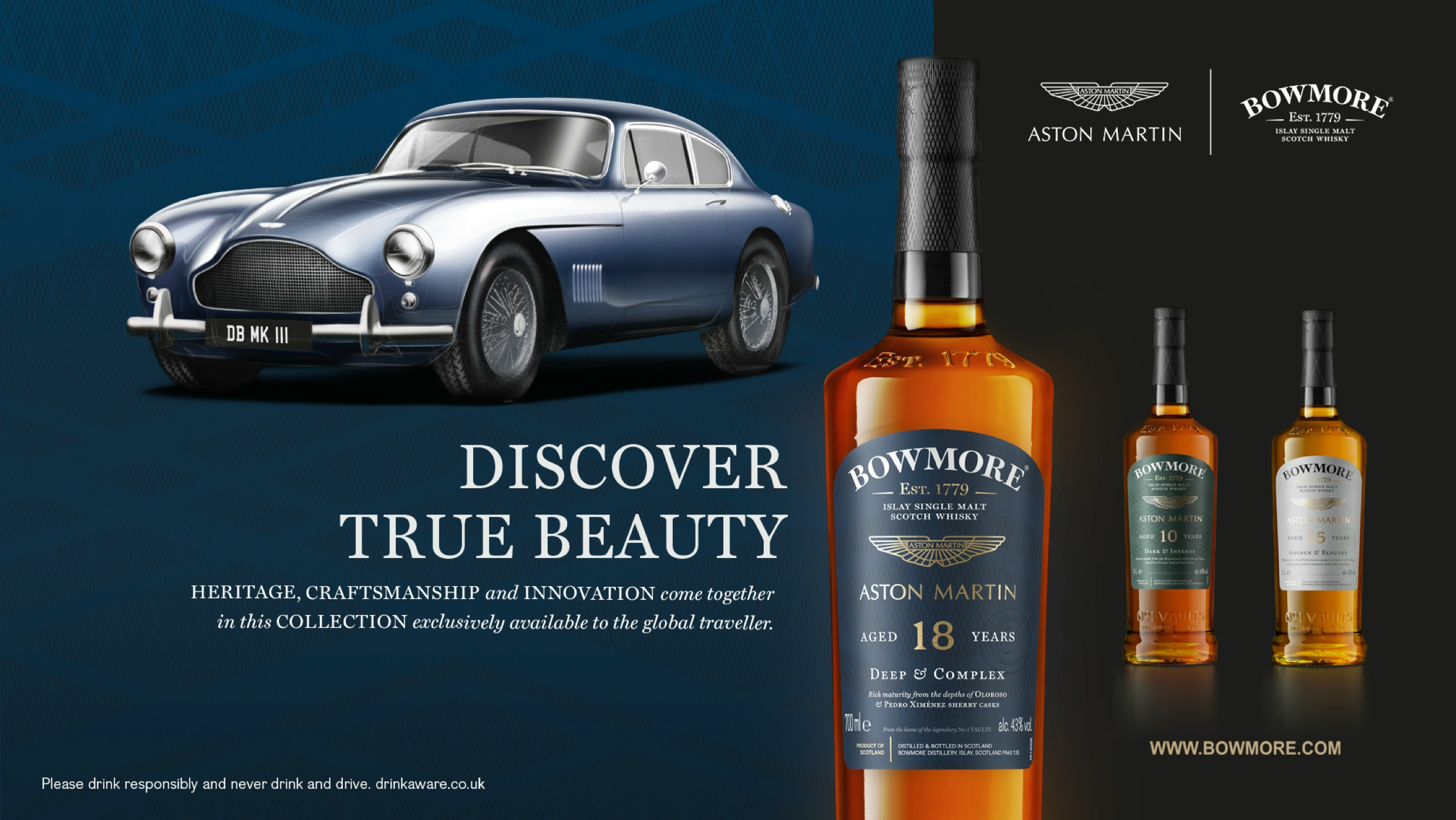 A classic Aston Martin Atom car showcases the Bowmore Aston Martin 15 year old whisky bottle in this print image created by More Yum. "DISCOVER TRUE BEAUTY: Heritage craftsmanship and innovation come together in this collection exclusively available to the global traveler". You can discover more at www.bowmore.com