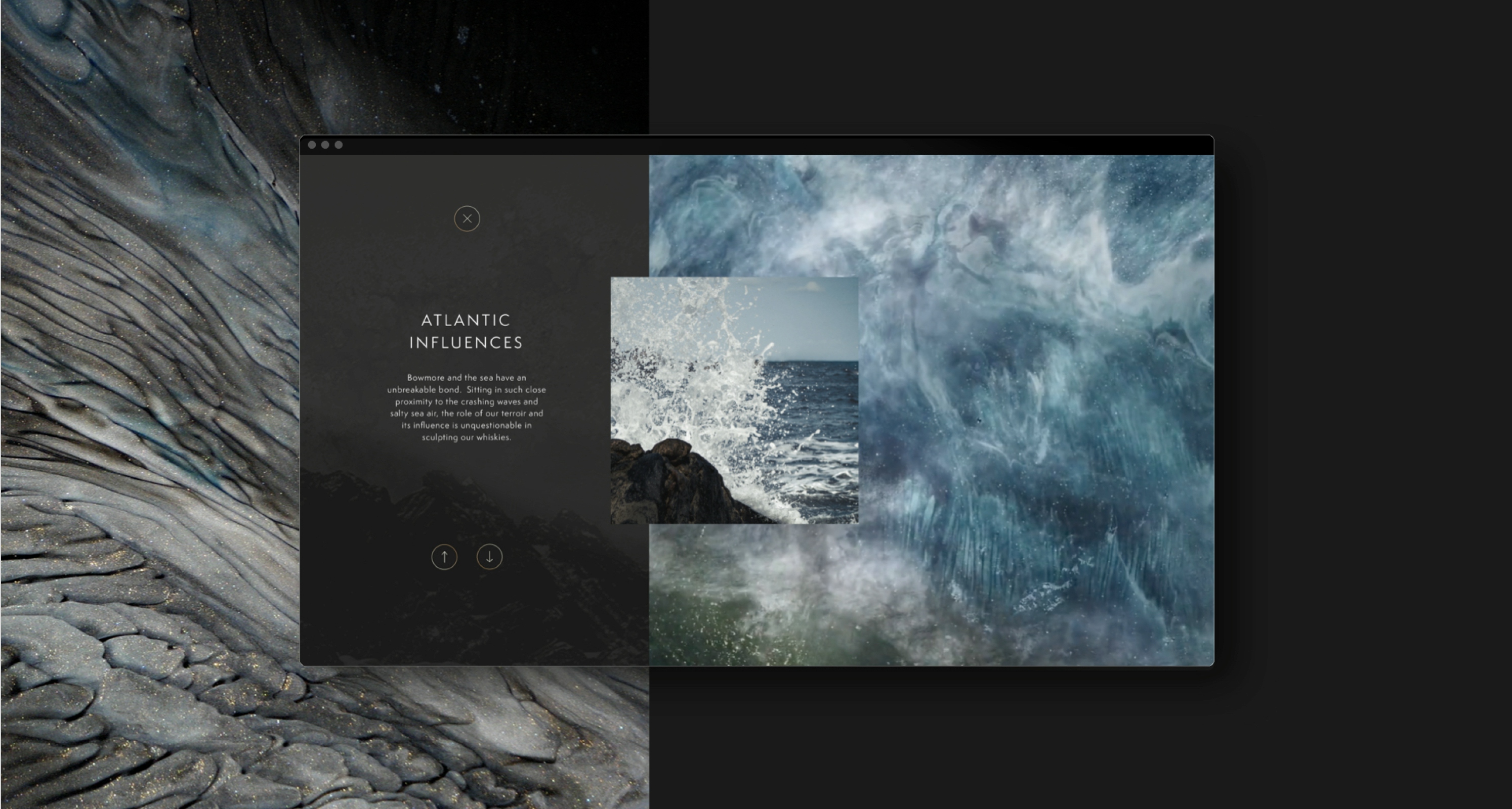 Screenshot for timeless with images of waves and text “Atlantic influences” to depict the link between whisky and the sea