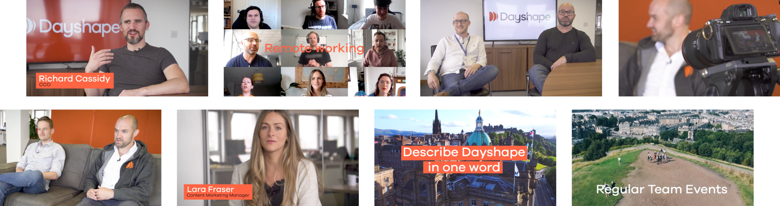A two-row carousel of different images with staff members and the text “Dayshape ranked Scotland’s fastest-growing technology company for the third year running” and “Describe Dayshape in one word