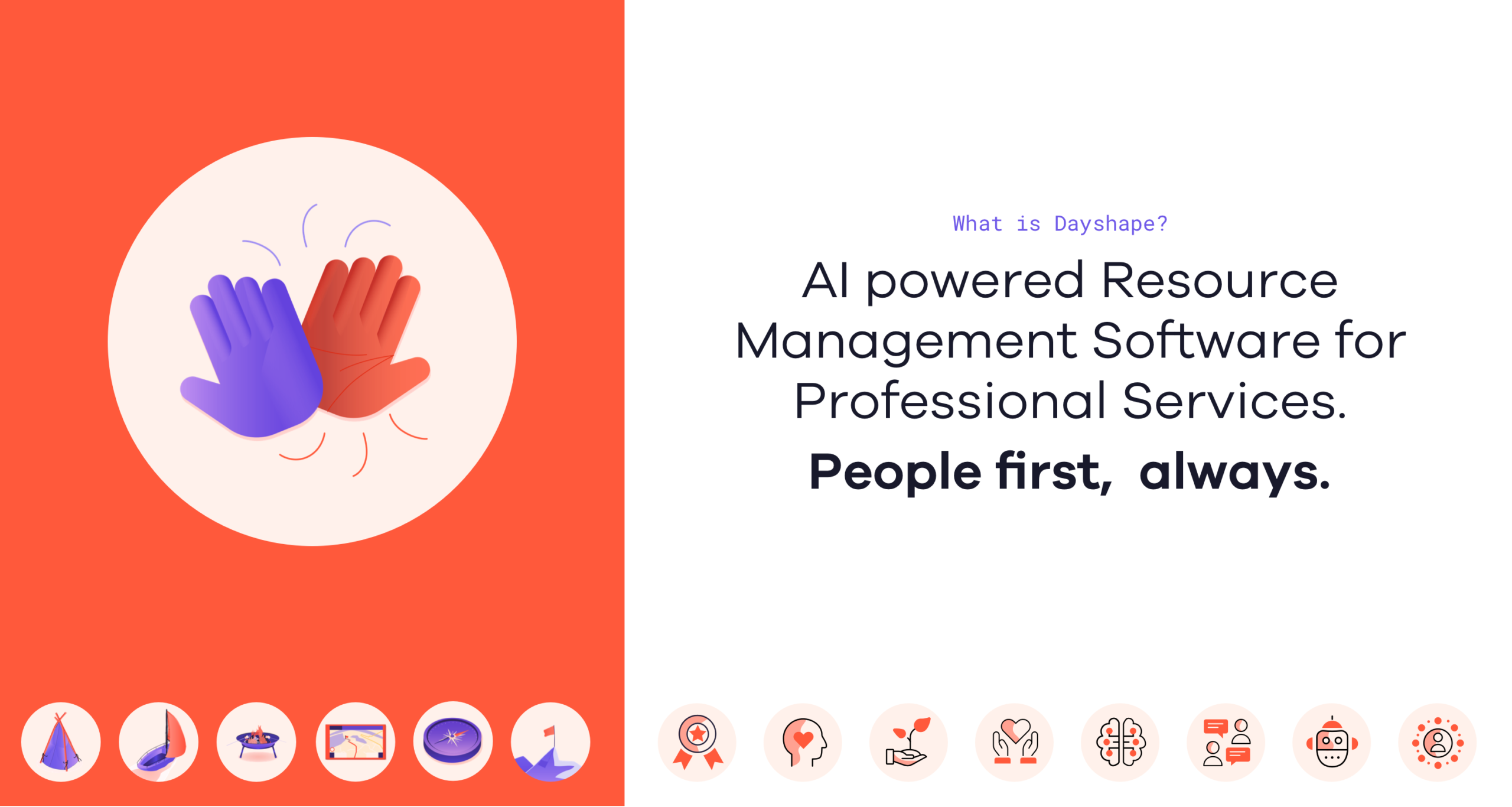 An orange left hand column has a circle with a purple and orange high-fiving: the right two thirds of the screen say ”What is Dayshape? Al powered Resource Management Software for Professional Services. People first, always. 16 circular icons overlay the bottom of the screen.