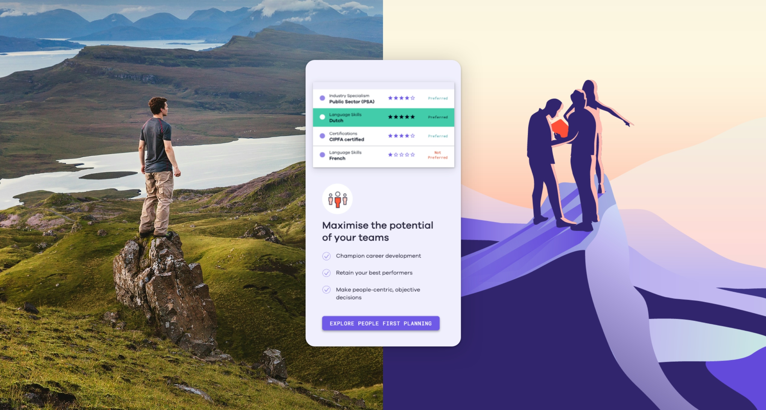 A man stands on landscape on the left hand of the image. One the right side, there are three stylised figures on a mountain. Someone points to the distance, they are reading something in Dayshape orange. A mobile screenshot outlines desired skills for a role and invites the user to “Maximise your team's potential” and lists some benefits of Dayshape and the purple call-to-action states “Explore people first planning”