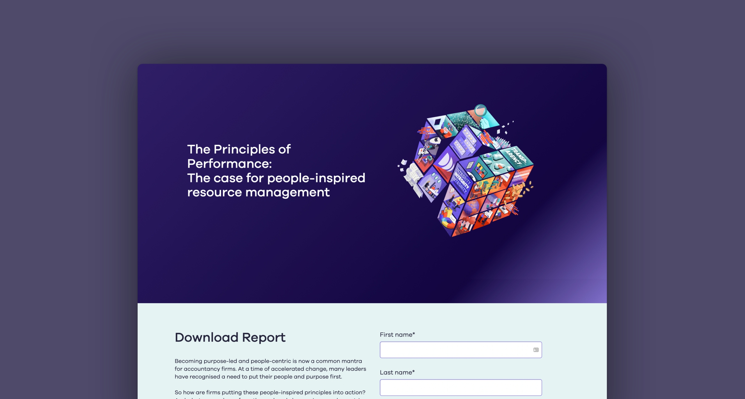 A blue screen with white text stating “The Principles of Performance: The case for people-inspired resource management” with a puzzle cube with Dayshape’s branding. Text below says “Download report”