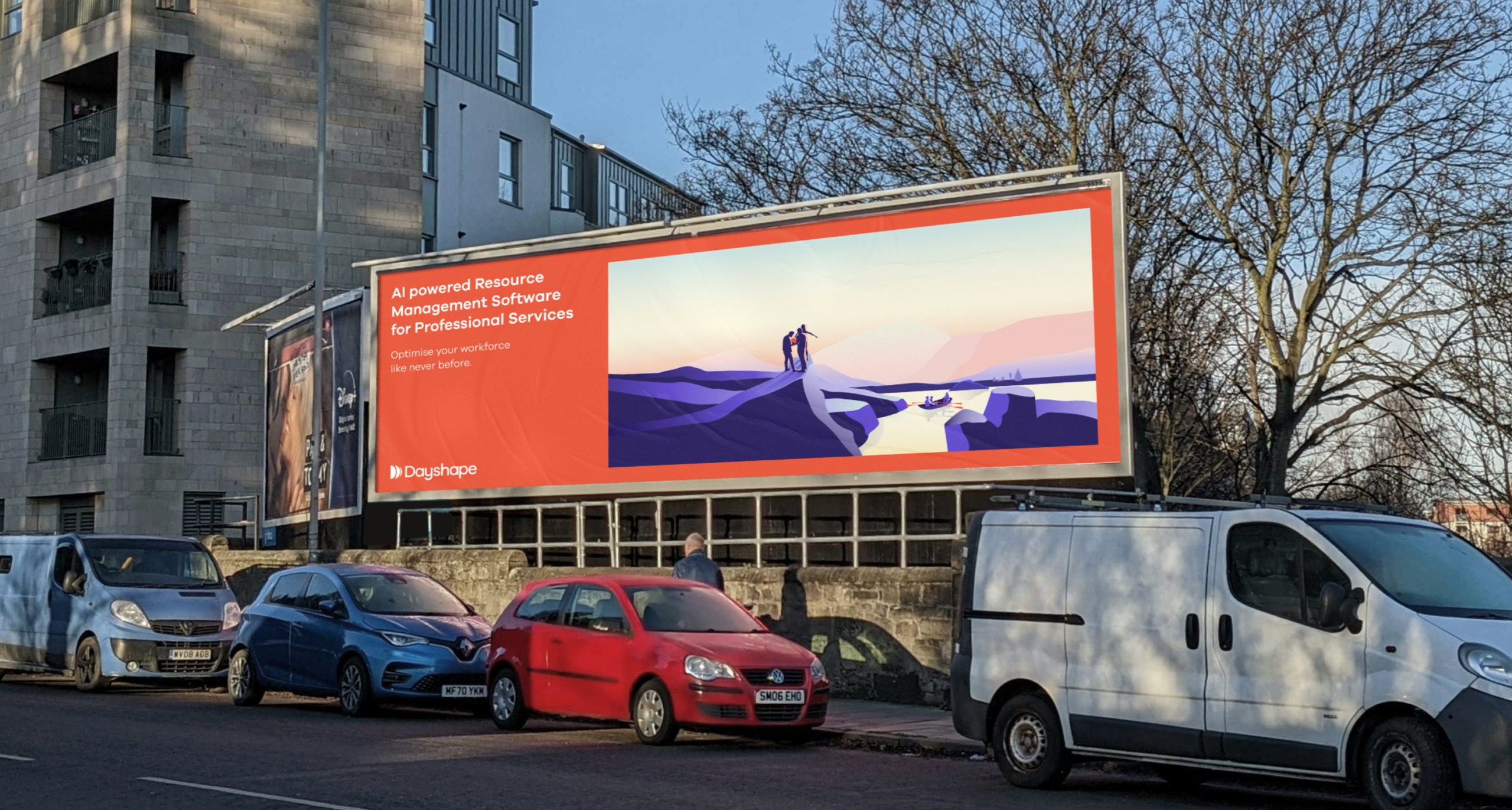 A orange billboard sits on a street stating l powered Resource Management Software for Professional Services.” and features three stylised people on to of a mountain. One figure points to a boat with three people sailing in it.