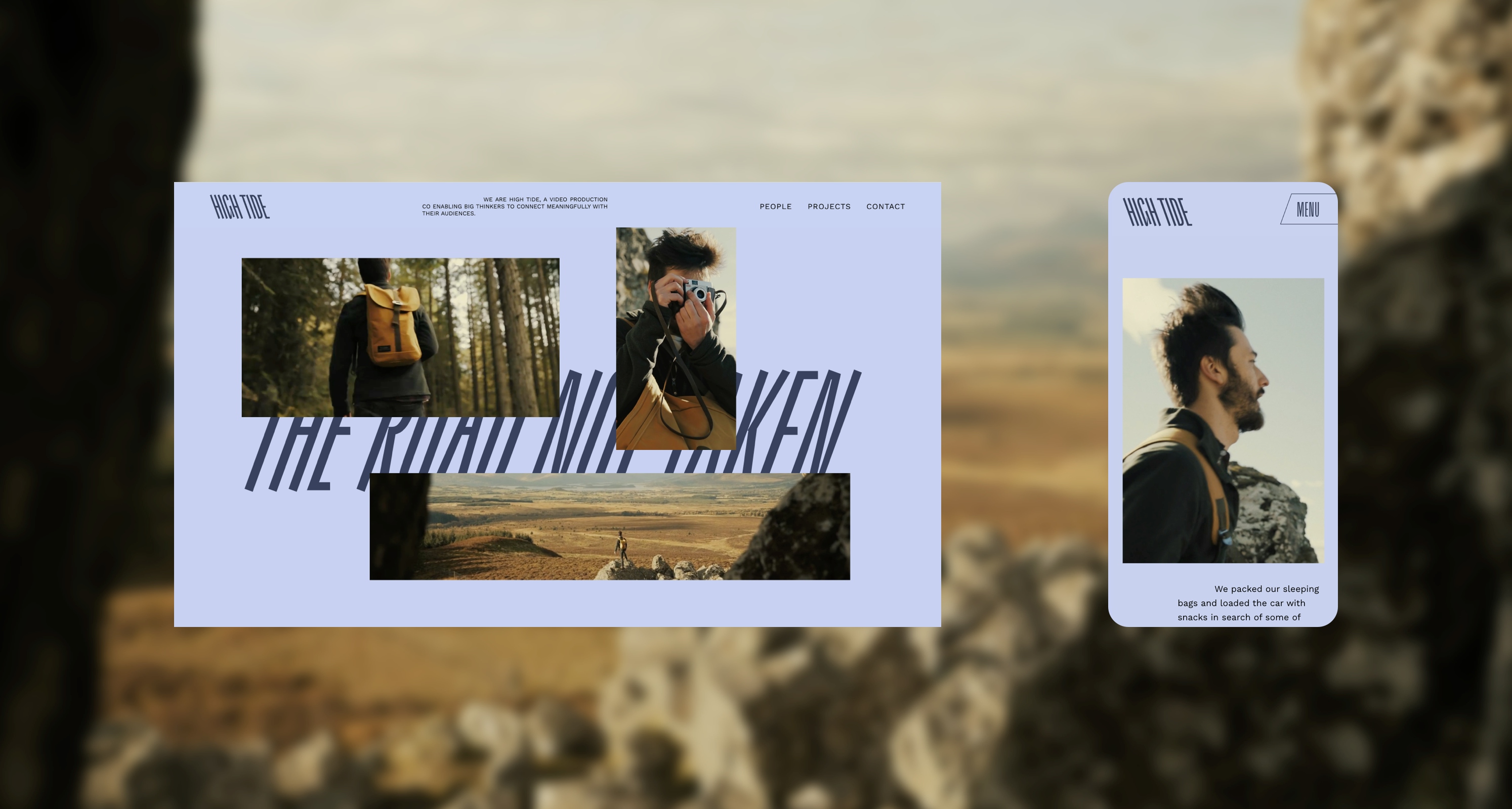 A blurry image of a rocky landscape has two screens superimposed on it. The first is a landscape, lilac, web page which has purple text “The road not taken” and three images overlay this: a man walking away in a forest, a man taking a photo and a panorama of landscape between rocks. The second image is a lilac mobile screen with an image of a windswept bearded person in profile and illustrative text.