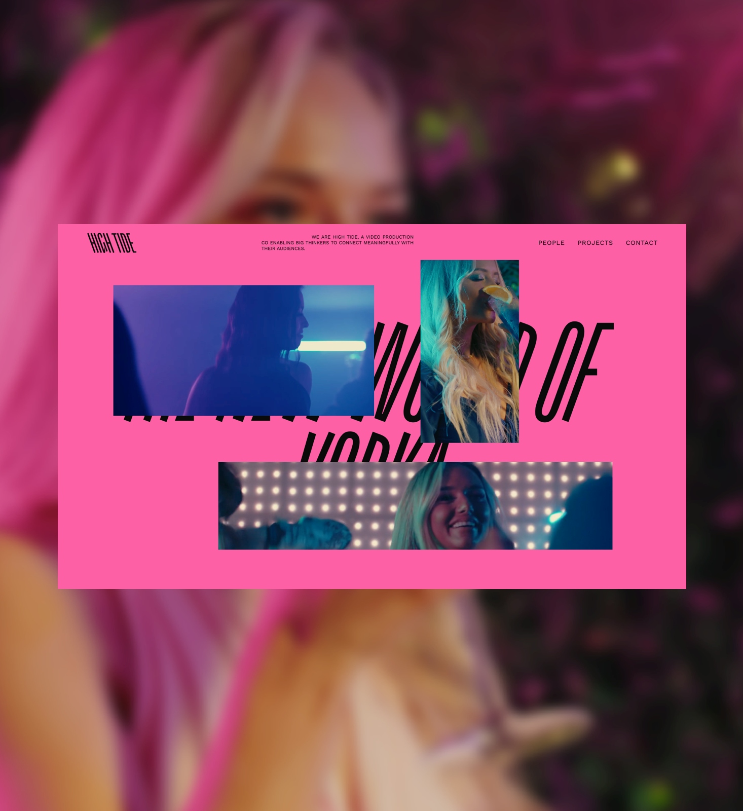 A blurry image of a woman on stage has a pink landscape webpage on it. The webpage has black letters on it and in the left half has a profile of a person in a club, to the right there is an image of aa woman on stage. To the bottom left of the page is a panoramic image of a woman on stage.