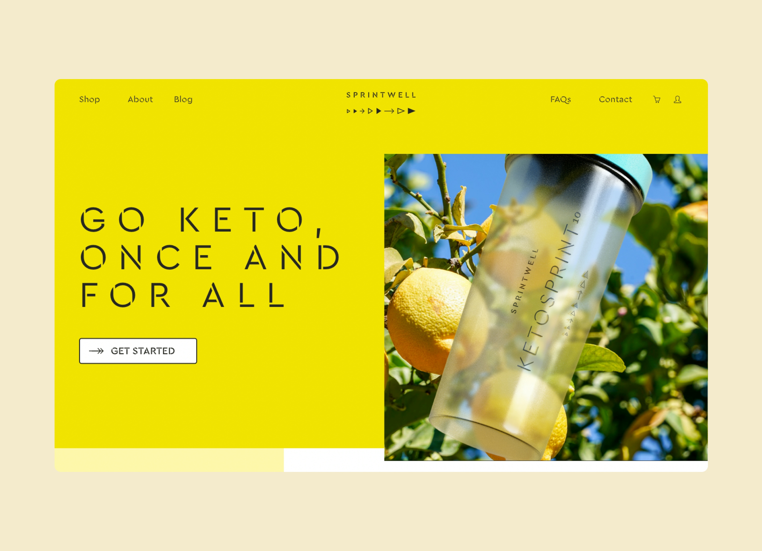 A yellow landscape web page sits on a peach-beige background. To the left is text “Go Keto, once and for all” with a white call-to-action “Get started” To the right is a picture of a Sprintwell Ketosprint Keto protein shaker in front of a lemon tree.