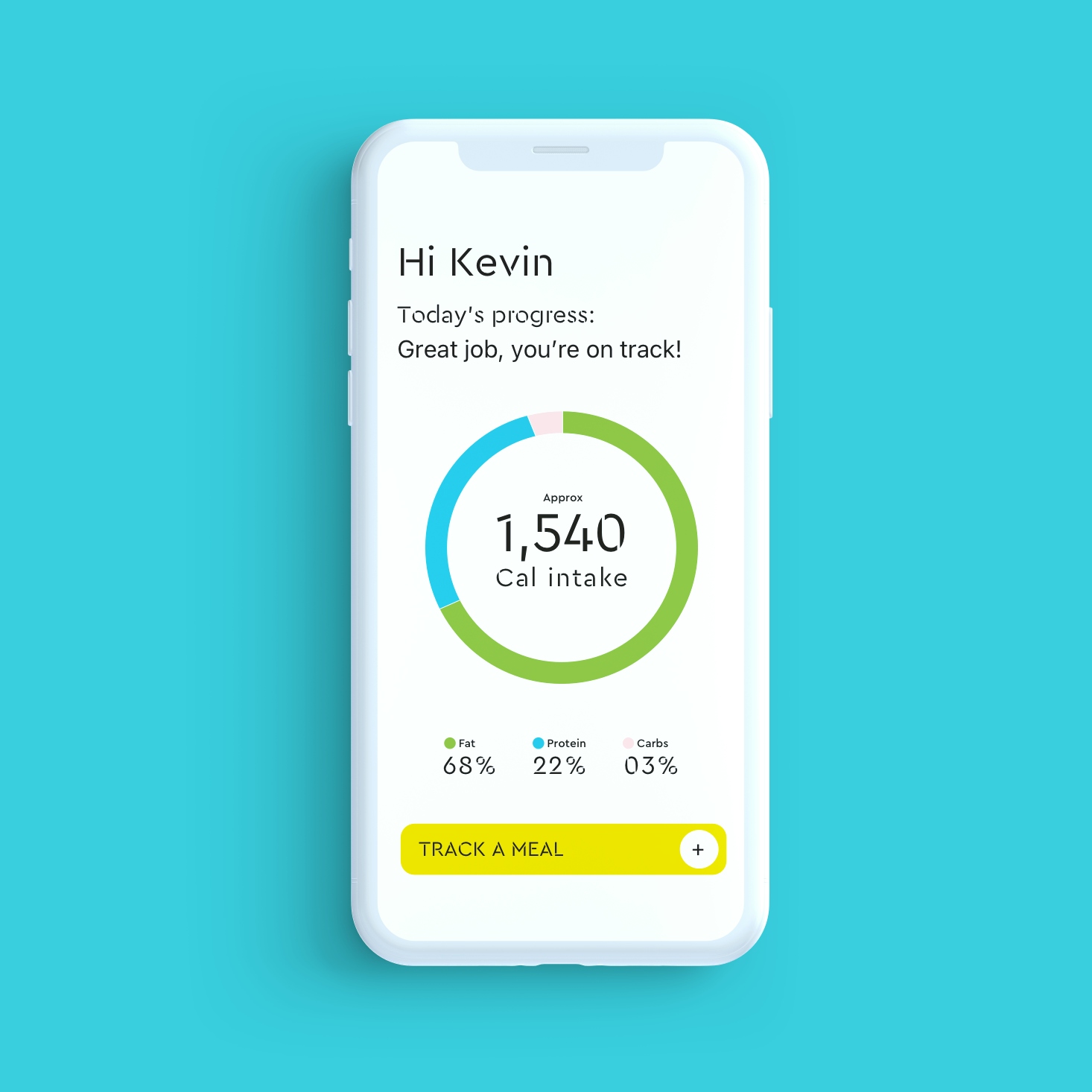A white mobile phone sits on a teal background and shows a user’s calorie tracker with a ring infographic.