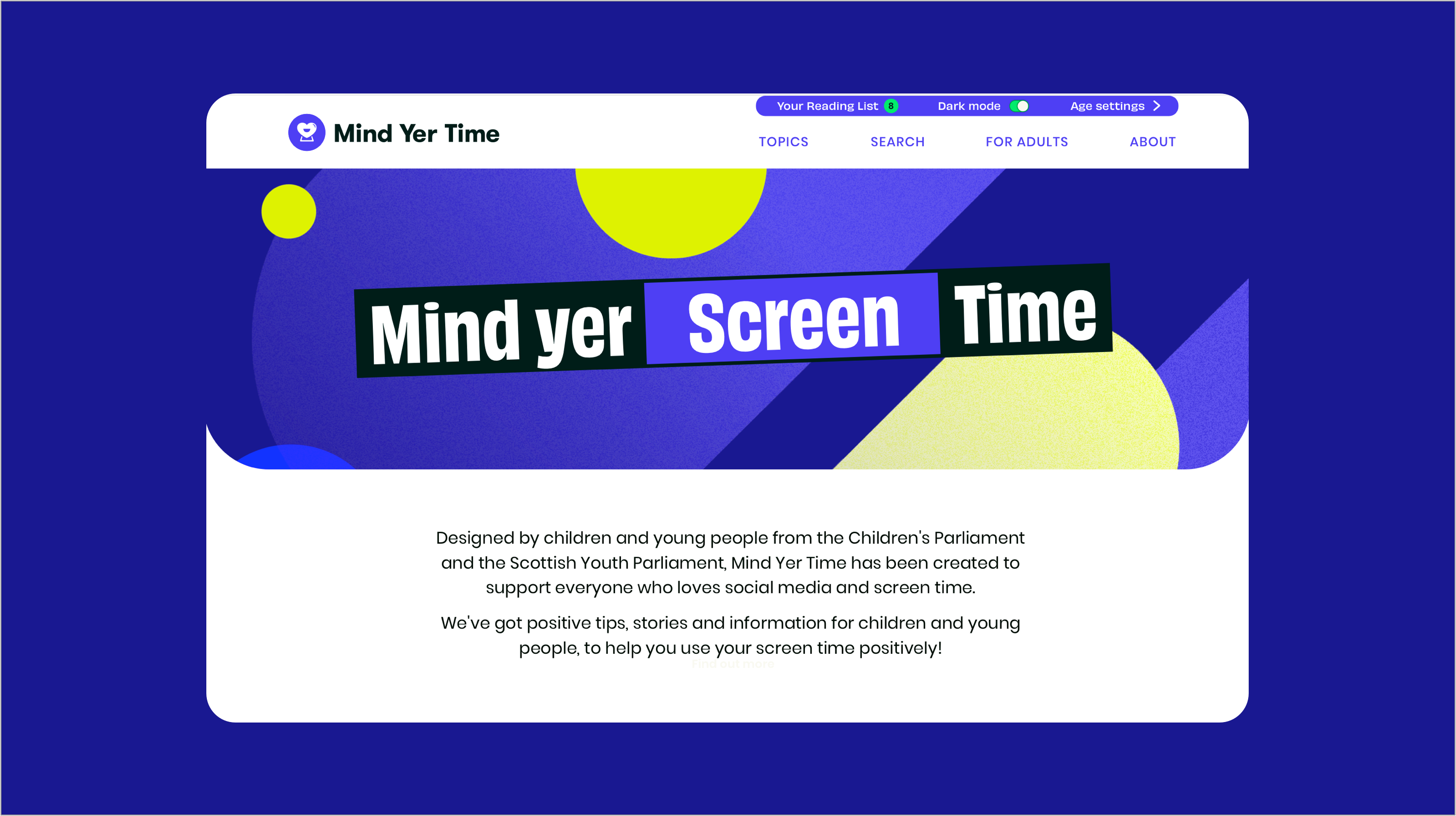 A landscape screen depicts a screenshot of the Mind yer Time about page. There is illustrative text.