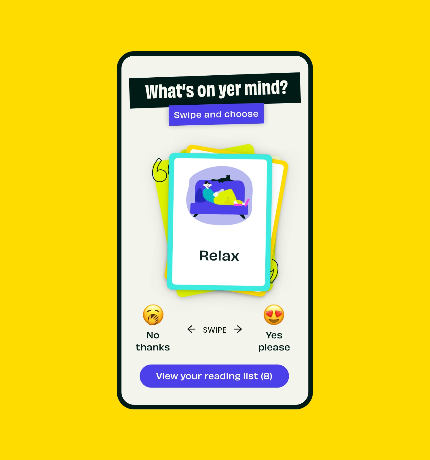 A mobile phone depicts a screenshot of the Mind yer Time page “What’s on yer mind?” on a yellow background