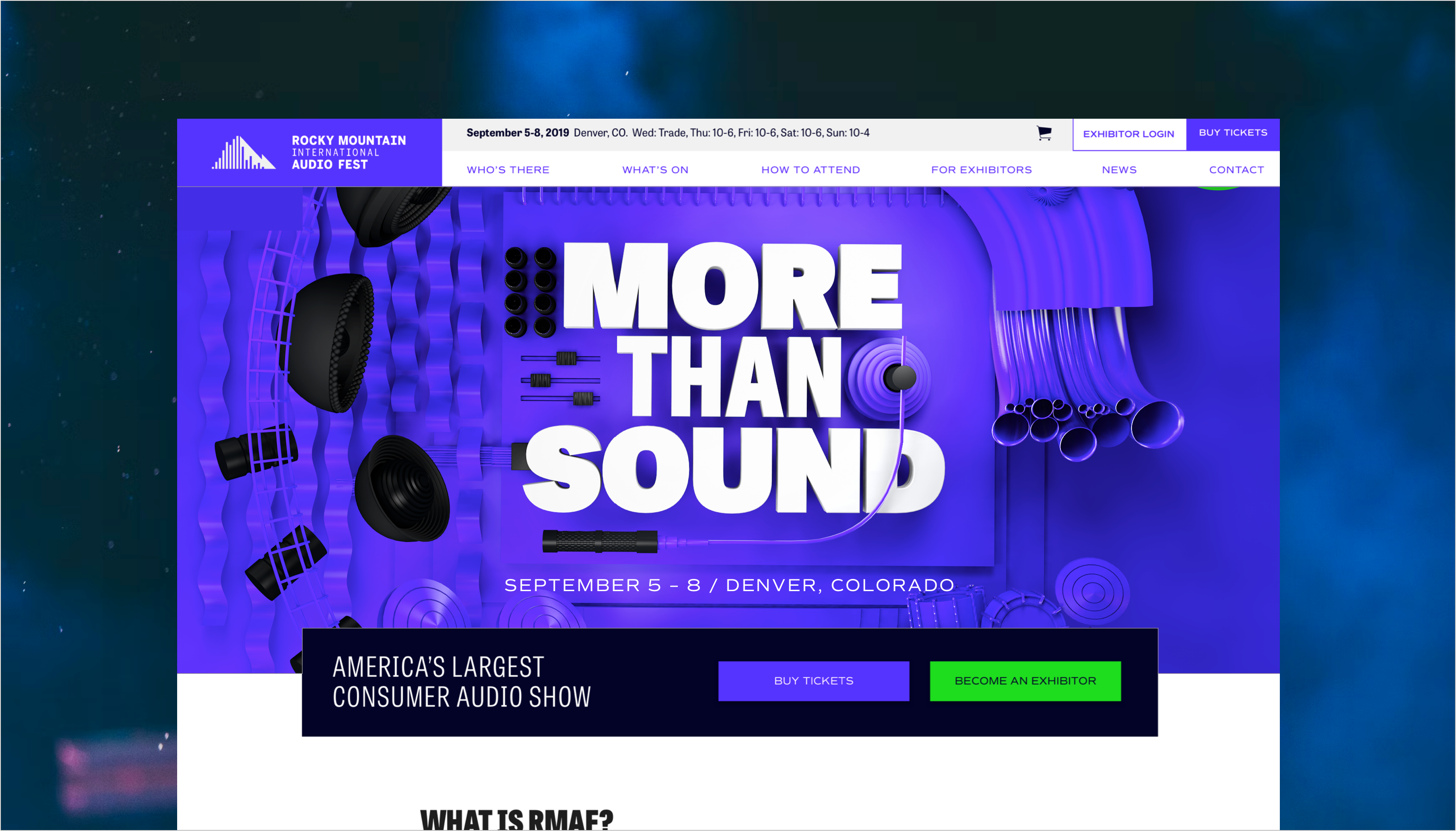 A website screenshot showcasing "More than Sound", the festival information and buttons to participate in "America's largest consumer audio show"