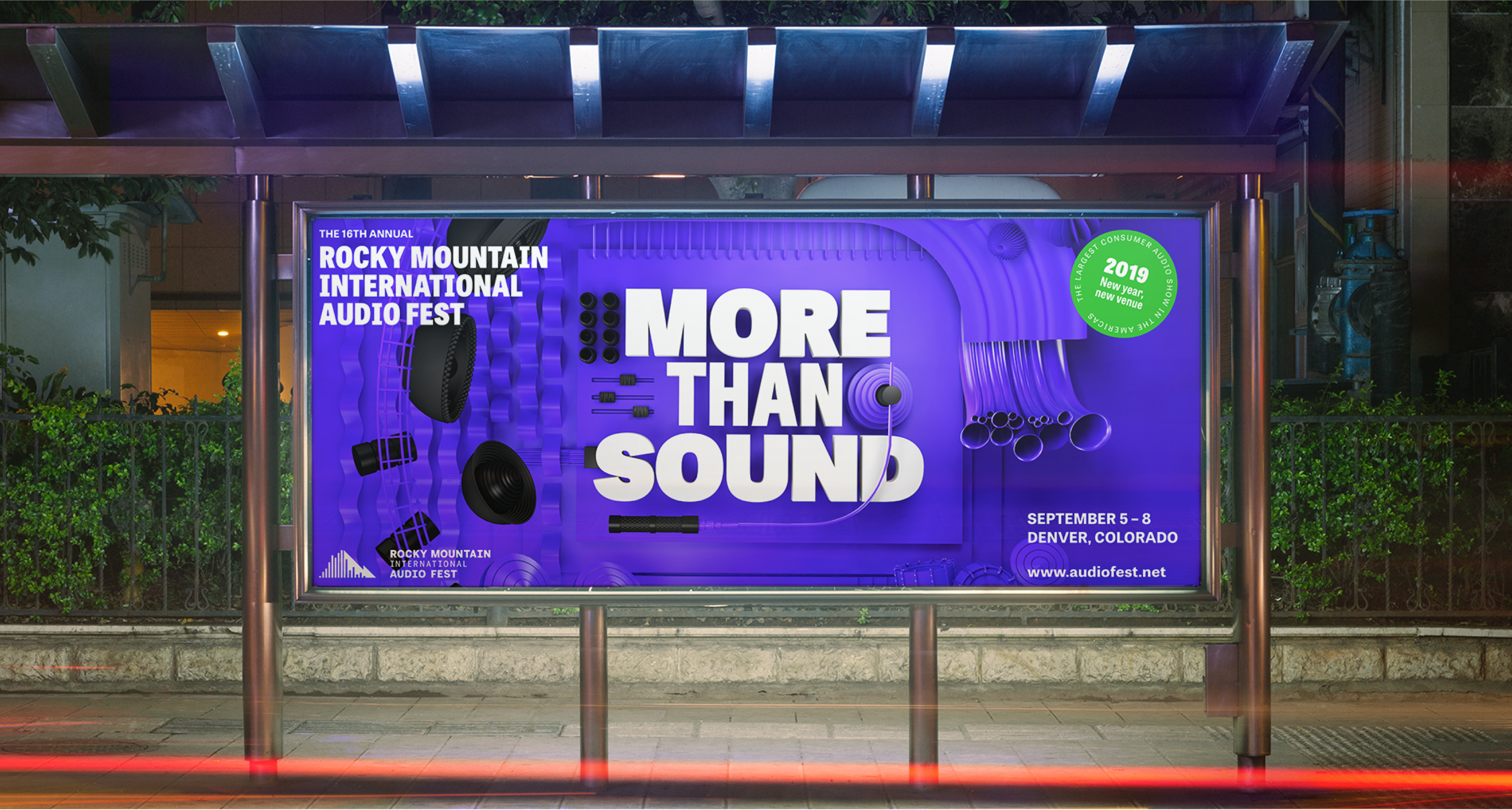 A photograph of the Rocky Mountain Audio Festival "More than Sound" billboard