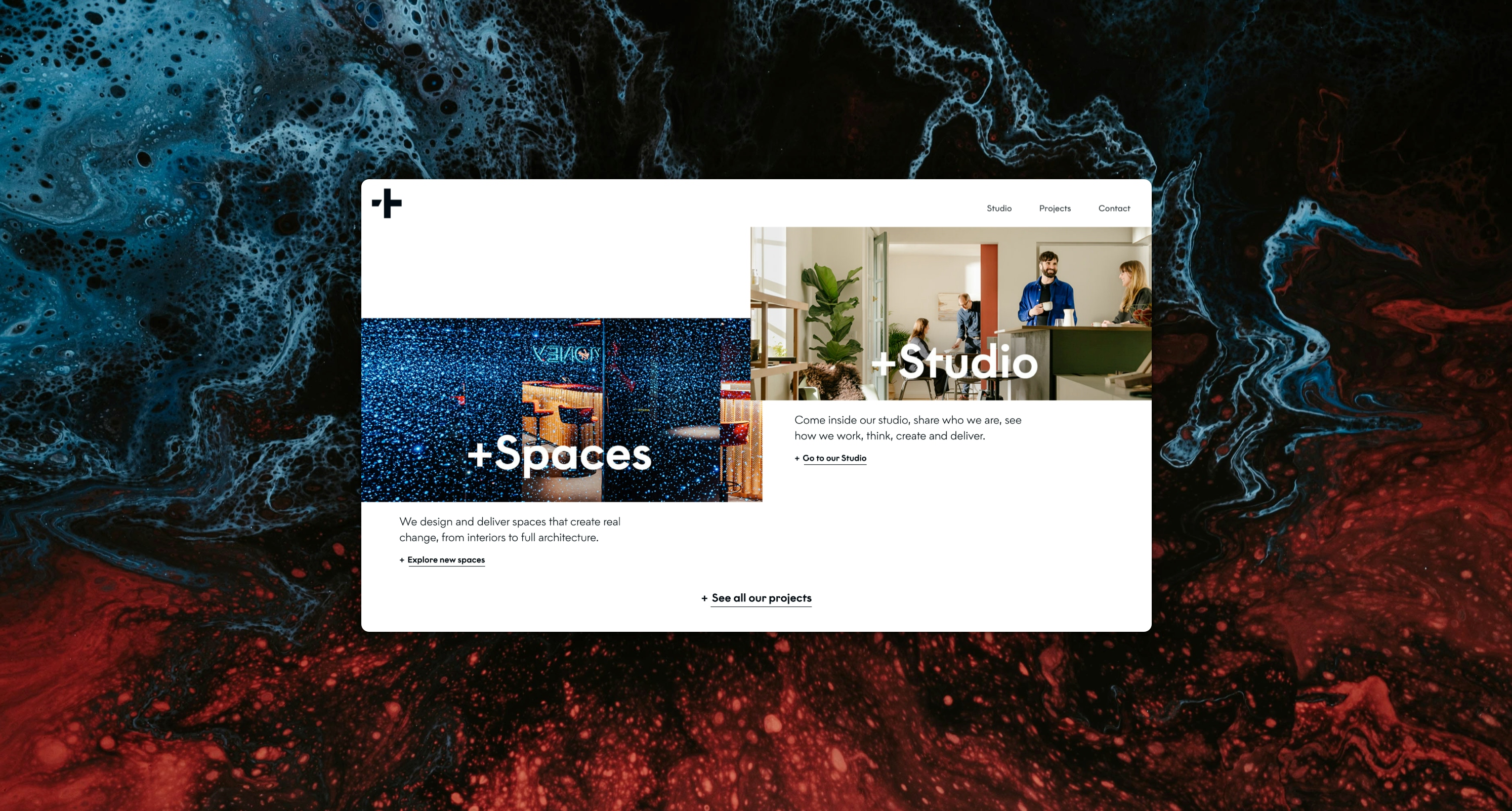 A web page in landscape sits in the foreground. On the left-hand side is a mirror reflecting a bar. This image has a galaxy effect and has white text “+Spaces”. To the right-hand side of this is an offset image of a studio space that has white text “+Studio”. A liquid background of blacks and blues sits on on top of a red and black molten background