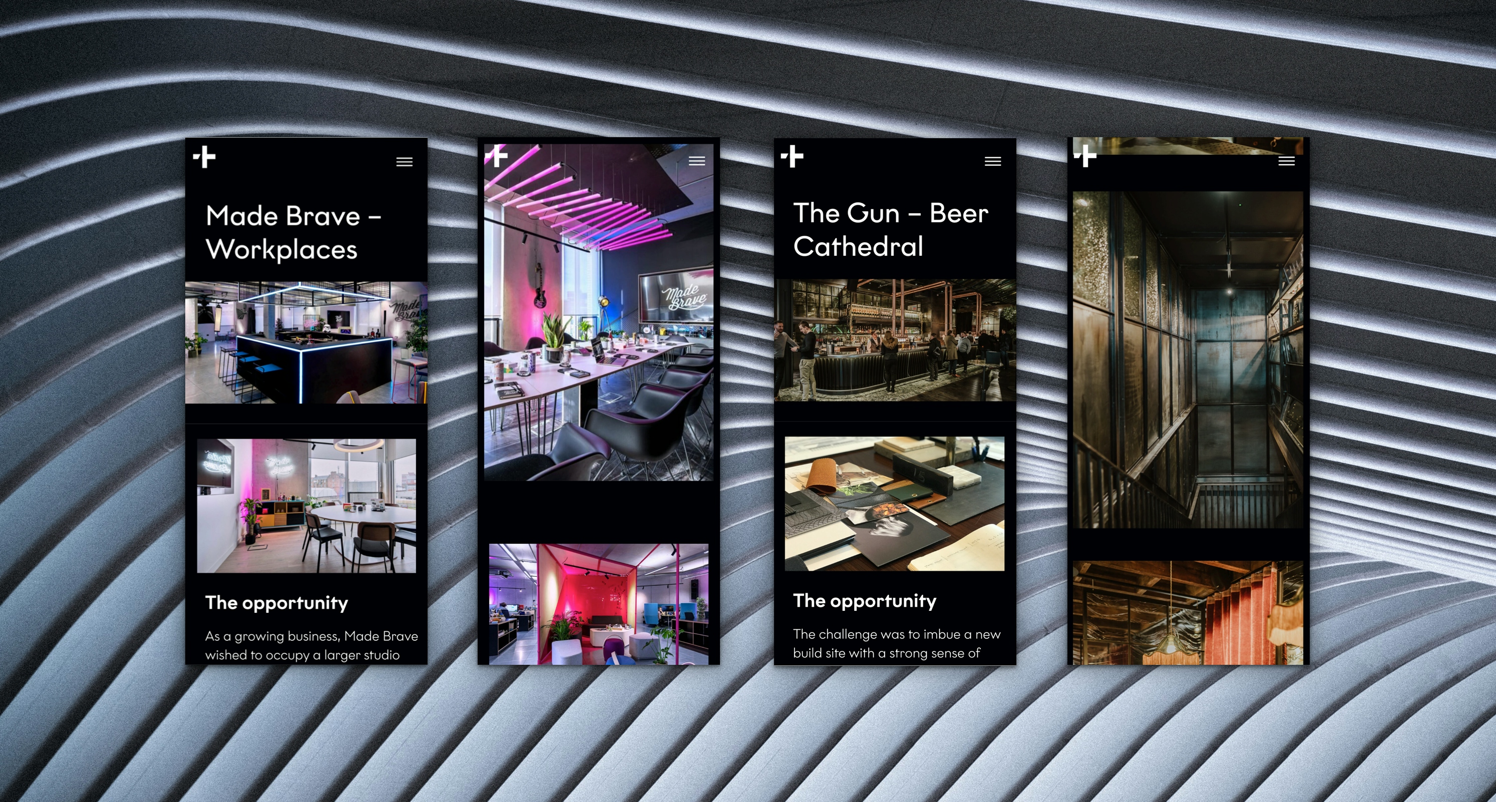 Four mobile style pages in black sit on a grey sand dune background. The first is for “Made Brave - Workplaces” and features two photos of workplaces and some illustrative text. The third screen is for “The Gun - Beer Cathedral” and features two photos of a bar and some illustrative text. The next screen features two bar images