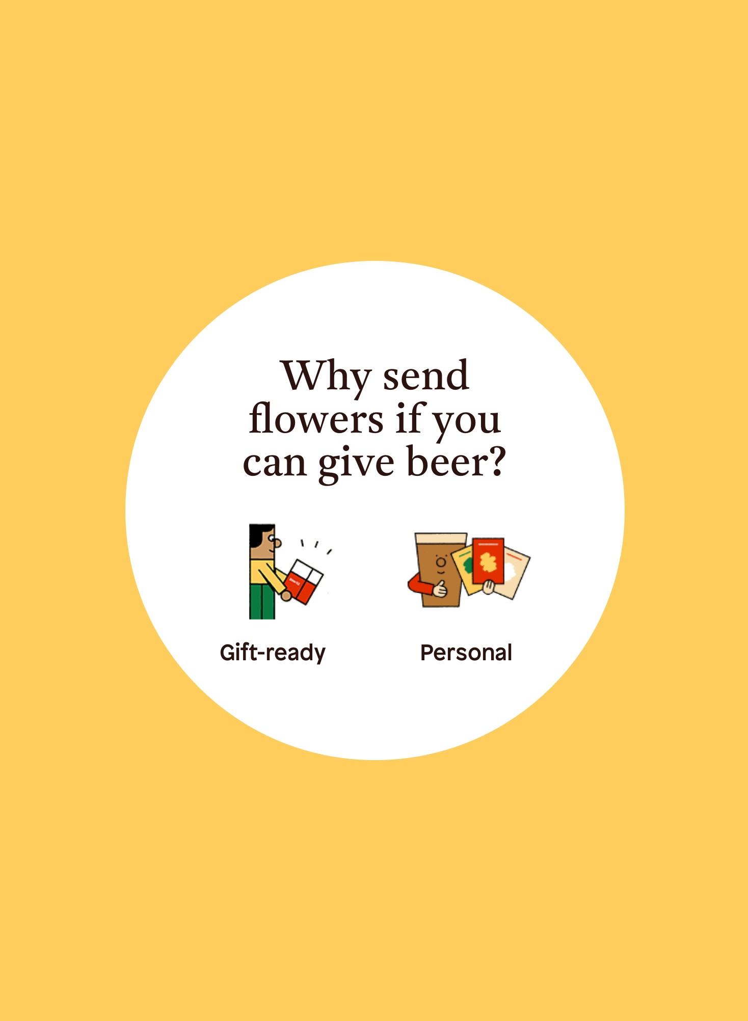 A yellow background with a white circle in the foreground. Inside the circle is the question “Why send flowers when you can send beer?” and featured two illustrations of a character and and a anthropomorphised pint