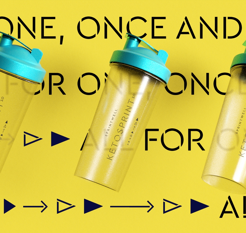 Three clear Sprintwell Ketosprint Keto protein shakers with turquoise lids sit on a yellow background with repeating text “All for one, once and for all” and iconography.