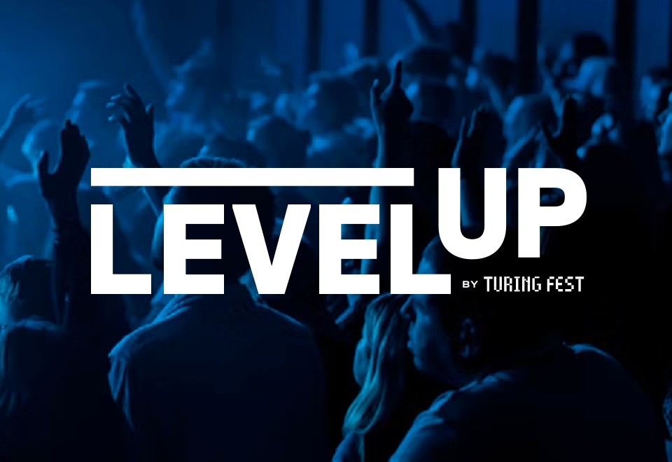 A concert crowd shot with blue lighting, overlaid with the “Level Up By Turing Fest” logo
