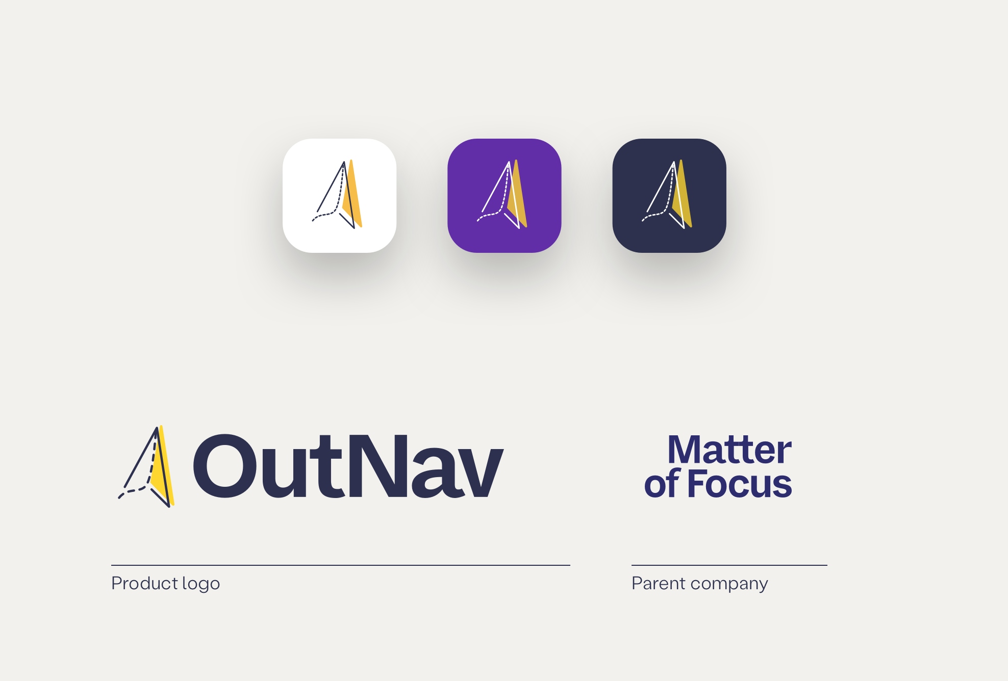 An offwhite image with three paper planes in individual square buttons in white, purple and navy sitting in the middle of the top third of the picture. At the bottom left is a paper plane with the “OutNav” logo. A small separator bisects this and a smaller “Product logo”. To the right of this is the “Matter of Focus” across two lines. A small separator bisects this and a smaller “Parent company”