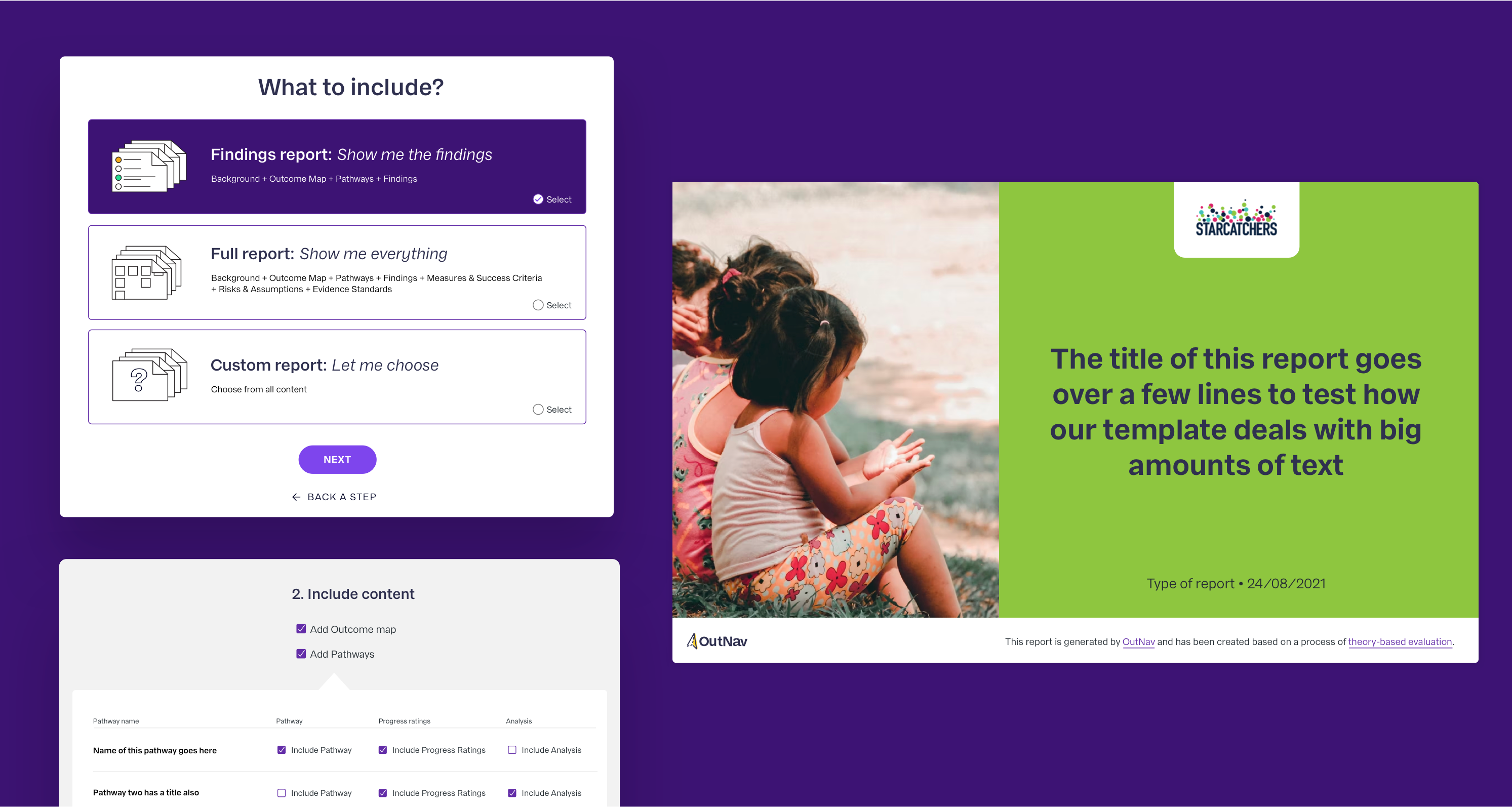 Two web report-creation elements sit on the left hand side of a purple background. On the right hand side, sits a presentation slide, which shows three small sitting children in profile. Next to this photo is a green image with purple text “The title of this report goes over a few lines to test how our template deals with big amounts of text”