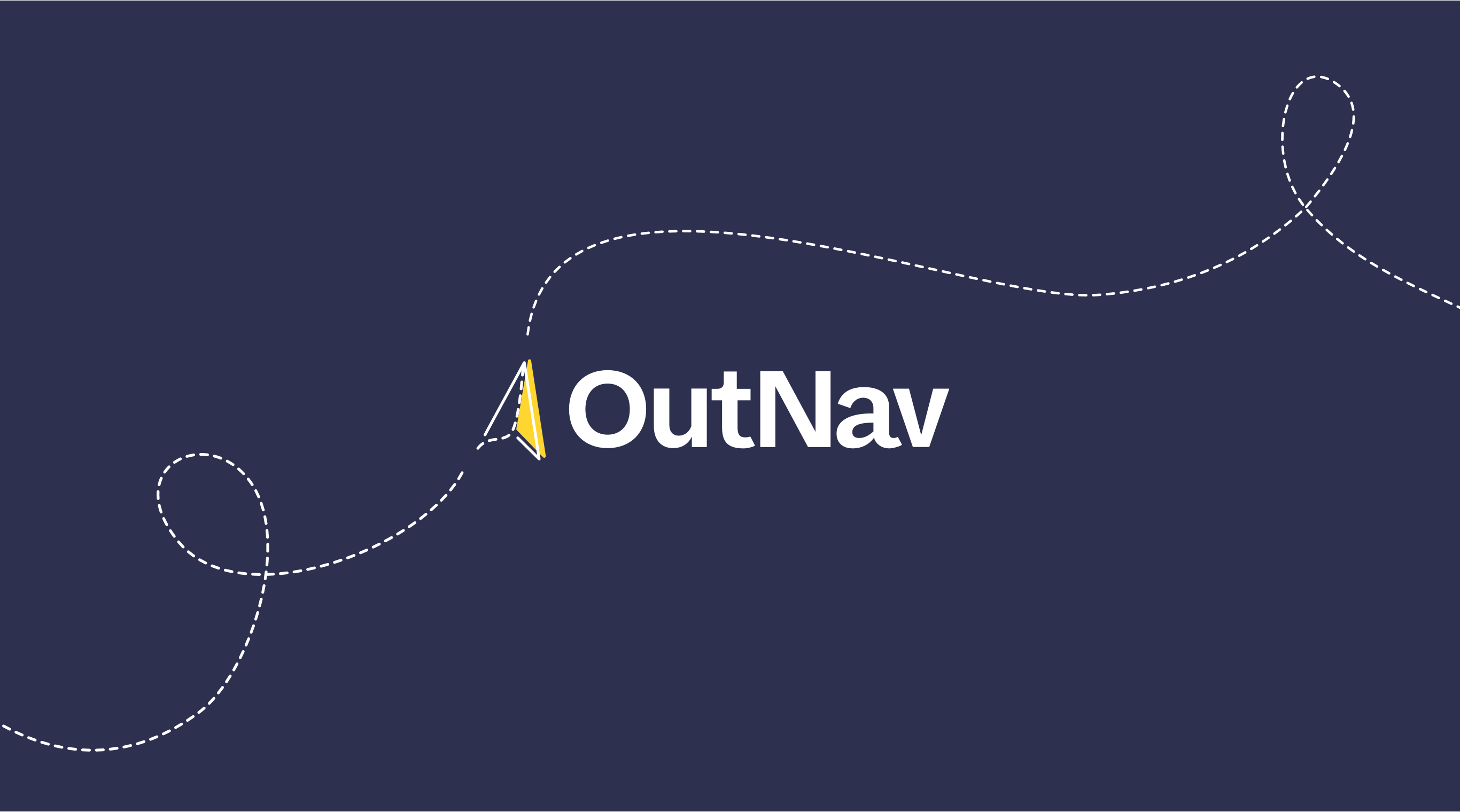 The “Outnav” logo sits in the middle of a dark blue background. To the left of a name is an outline of a paper plane icon. The plane’s twisted flightpath is denoted by a white broken line.